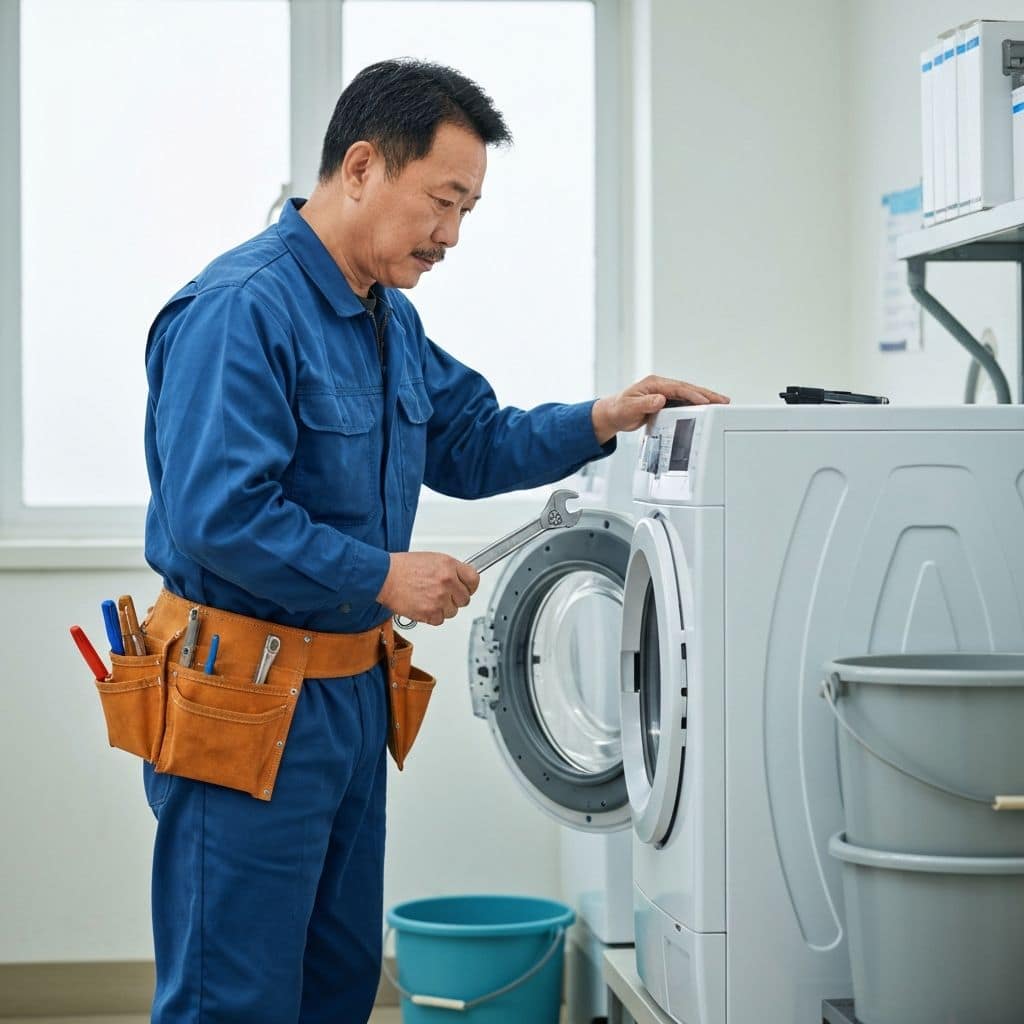 Technician performing on-site washing machine diagnosis in Puchong